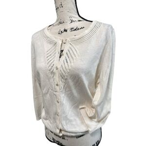 Talbots Ivory White Lightweight Cotton Lace Trim Button-Up Summer Cardigan Sz L
